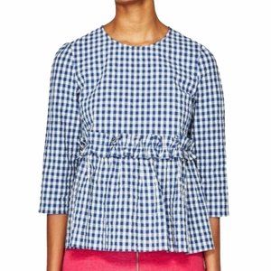 Zara Gingham White Blue Check Ruffle Top Crew Neck